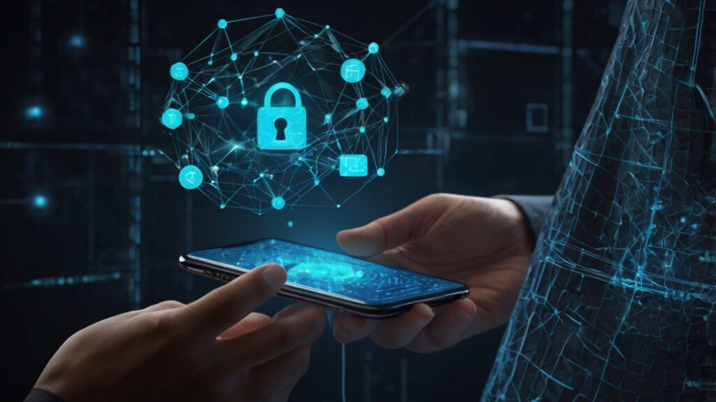 Illustration of a blockchain digital identity wallet in 2025 with privacy and data security icons
